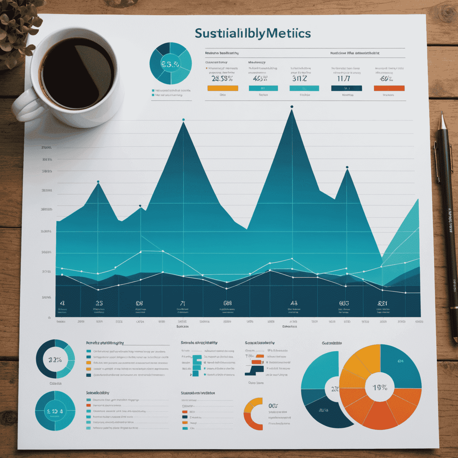 Gráfico mostrando métricas de sostenibilidad en una plataforma petrolera, con indicadores de emisiones, consumo de agua y eficiencia energética