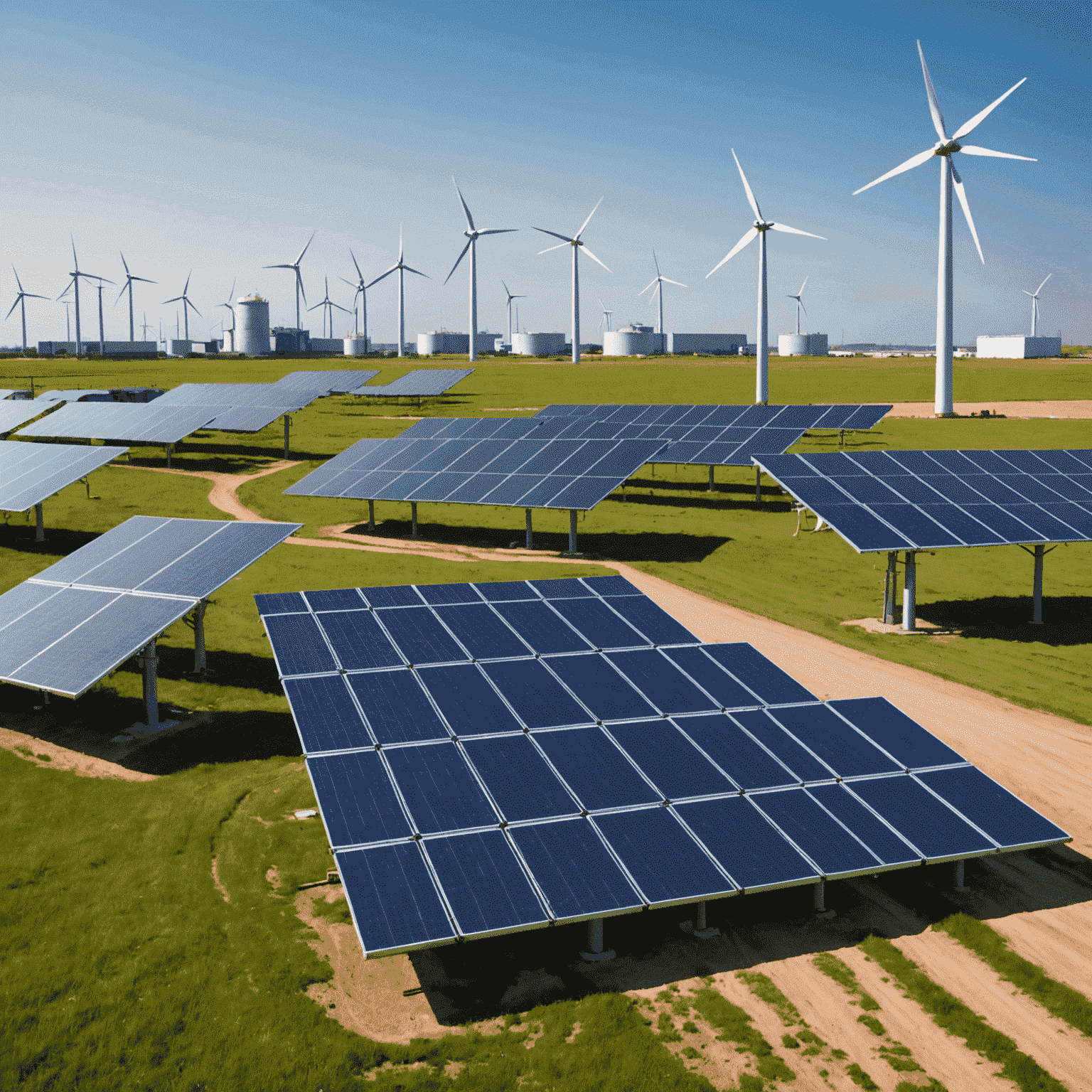Paneles solares y turbinas eólicas junto a una instalación petrolera, ilustrando la integración de energías renovables en la producción de petróleo